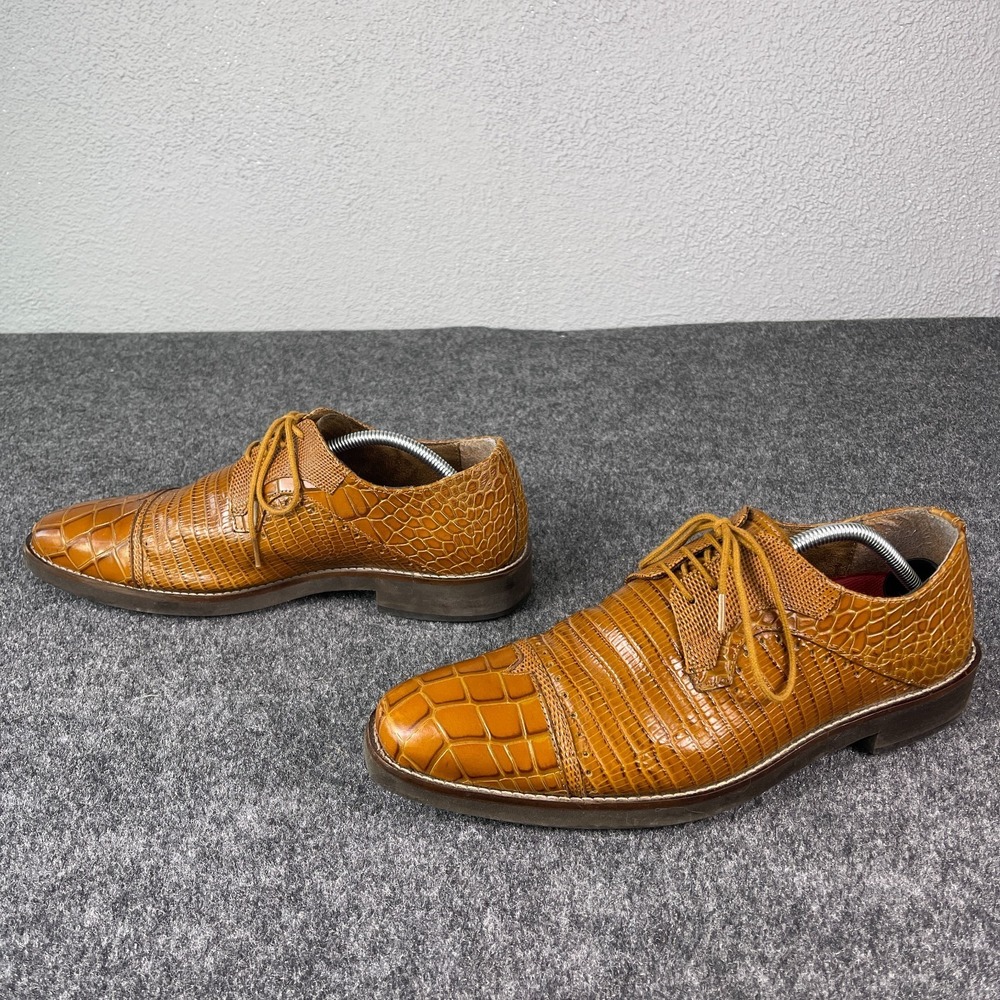Stacy Adams Mens Shoes 11 Brown Crocodile Embossed Square Toe Lace Up Dress - Picture 4 of 9